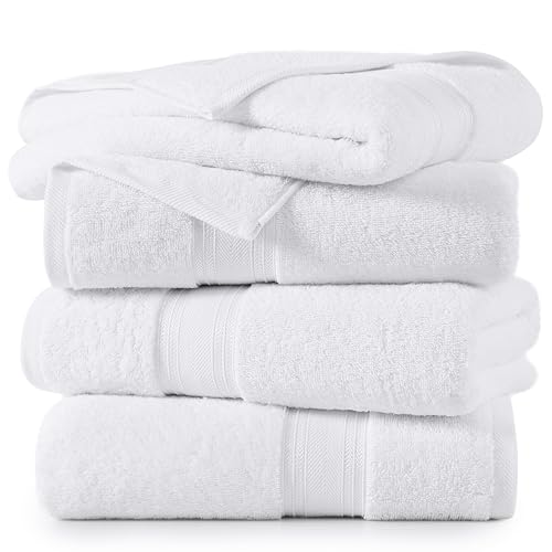 LANE LINEN Zero Twist 100% Cotton 4 Pack Bath Towels - White - Quick Drying & Soft